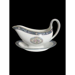 Wedgwood Runnymede Blue Bone China Gravy Boat With Attached Saucer